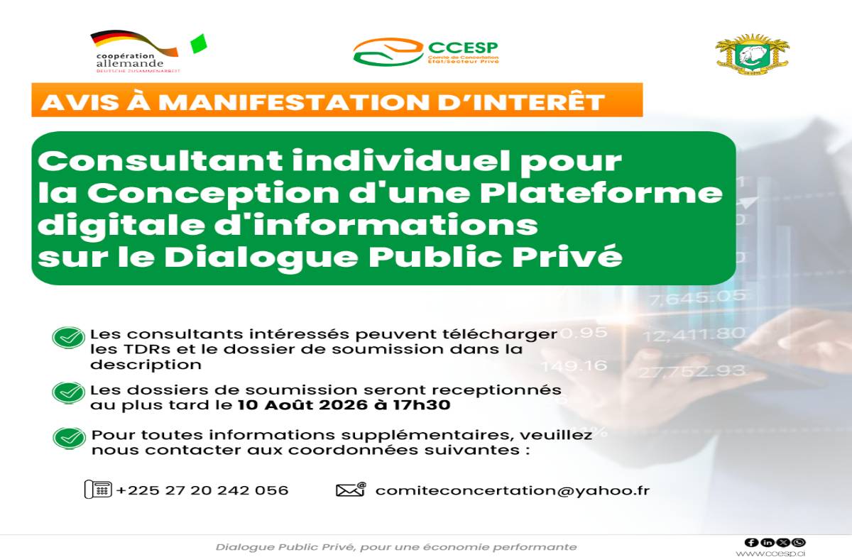 RECRUTEMENT D’UN CONSULTANT INDIVIDUEL POUR LA CONCEPTION D’UNE PLATEFORME DIGITALE D’INFORMATIONS SUR LE DIALOGUE PUBLIC PRIVÉ